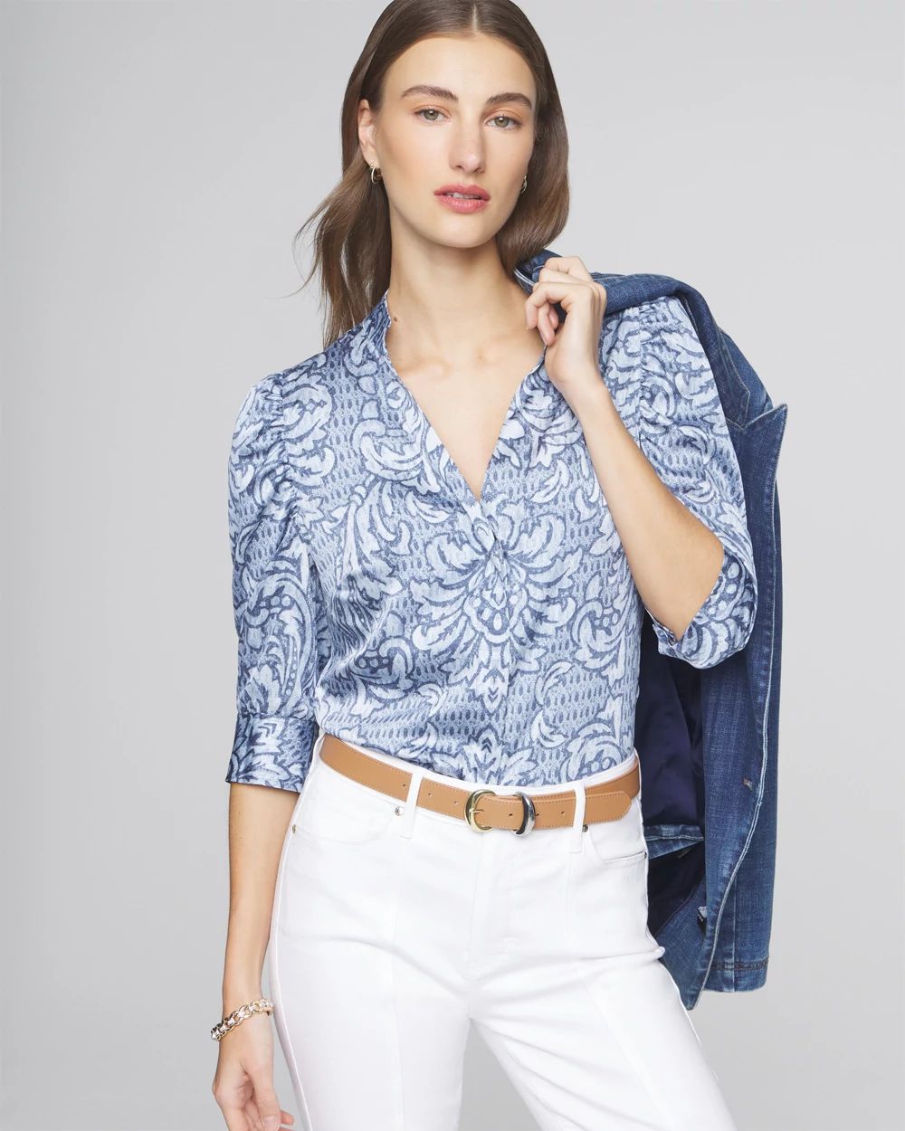 Y Neck Ruched Sleeve Shirt